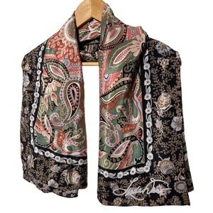 Linda Dano Silk Scarf Black Pink Green Paisley 42" x 42" EUC